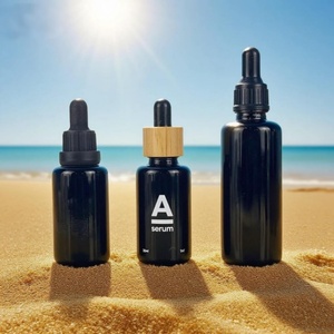 Wholesale Black Violet Glass <b>Bottle</b> with Bamboo Wood <b>Dropper</b> Cap 30ml 60ml 100ml Silk Screen UV-protective Essential Oil <b>Bottle</b> - Product Image 1
