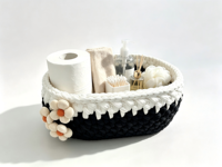 Panier de rangement en corde tressée à la main avec fleur décorative, noir et blanc, panier de rangement bicolore pour la salle de bain, pour serviettes et articles de toilette