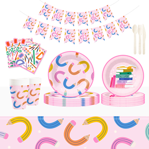 DAMAI - Juego de Vajilla Desechable con Diseño Geométrico para Fiestas Temáticas de Regreso a Clases, Platos, Vasos y Servilletas de Papel para Graduación - Product Image 1