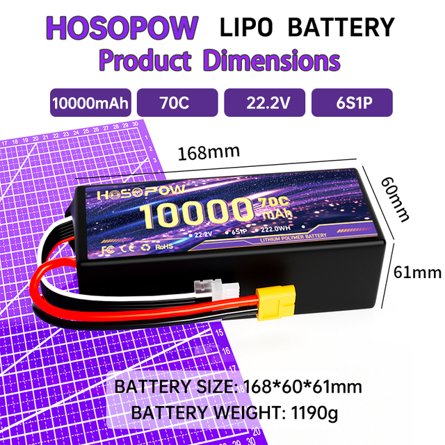 Hosopow 10000mah Agricultural Drone Battery Hot Selling 6S1P 22.2v Lithium Battery Pack 10ah Lipo Battery Pack for 10inch UAV
