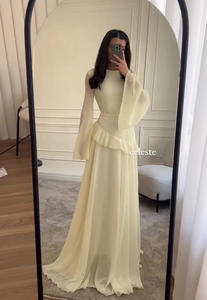 Abito lungo elegante da donna Sharut 2026 con maniche lunghe e vita arricciata, in chiffon traspirante con maniche a campana e volant - Product Image 3