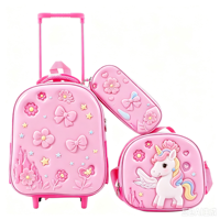 Nouvel ensemble de sacs à roulettes scolaires 3D de 12 pouces, 3 pièces, pour enfants, avec trousse et boîte à lunch, pour filles et garçons
