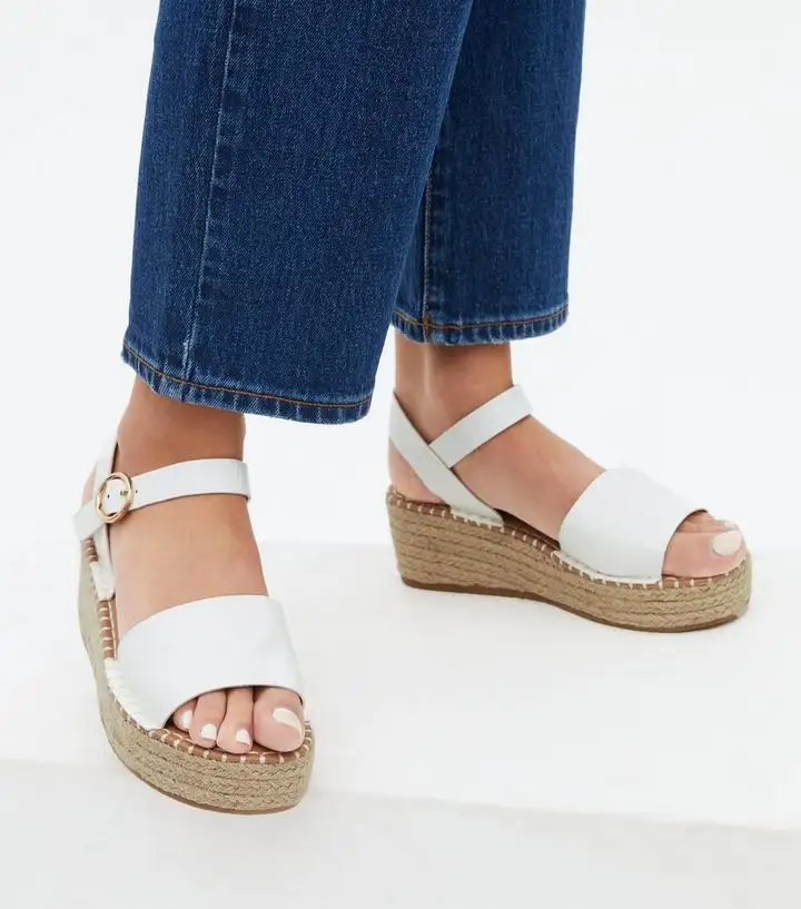Summer women's sandals slide shoes wide fit white faux croc espadrille chunky sandals
