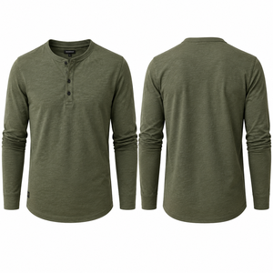 Henley Shirts For <b>Men</b> <b>Long</b> <b>Sleeve</b> Textured Slub Cotton Blend Button Neck Casual Lightweight <b>Top</b> Custom Logo Private Label - Product Image 2