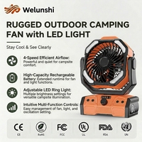 Ventilateur de camping portable WLS-1535 en promotion avec lanterne LED, ventilateur rechargeable avec sortie USB pour la charge de téléphone