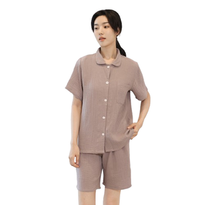 Cotton Crepe Thermal Front Logo <strong>Couple</strong> <strong>Matching</strong> Pajamas Valentine's Day Short Sleeve Set for Men and Women - Product Image 2