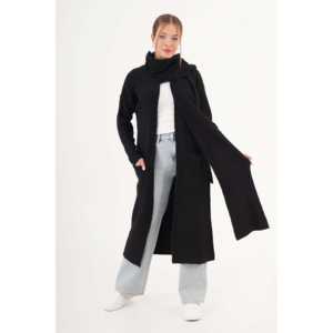 Cárdigan Largo Negro de Punto con Estampado Informal, Cuello de Lazo y Decoración de Botones para Otoño y Primavera - Product Image 6