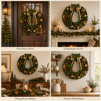 Guirlande artificielle en PVC style ferme, vert foncé, avec nœud en velours, tranches d'orange séchées et bâtonnets de cannelle, assemblée à la main, pour la Saint-Valentin et Pâques