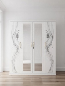 Nouvelle Armoire en Acier 2025, 4 Portes, Motif Vague Doré, Panneau Miroir, Penderie Métallique Blanche - Product Image 3