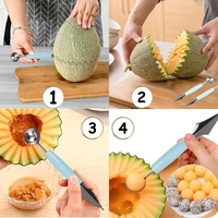 2 In 1 Ganda Stainless Steel Melon Baller Dapur Memotong Semangka Ukiran Pisau Buah Menggali Sendok Piring Sendok Peralatan Dapur