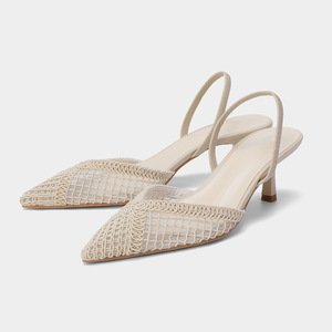 Nuovi Sandali Estivi da Donna con Tomaia in Rete, Suola in Gomma, <span class=keywords><strong>Beige</strong></span> Chiaro, Punta Aperta Intrecciata, Tacco Alto a Spillo, Traforati - Product Image 1