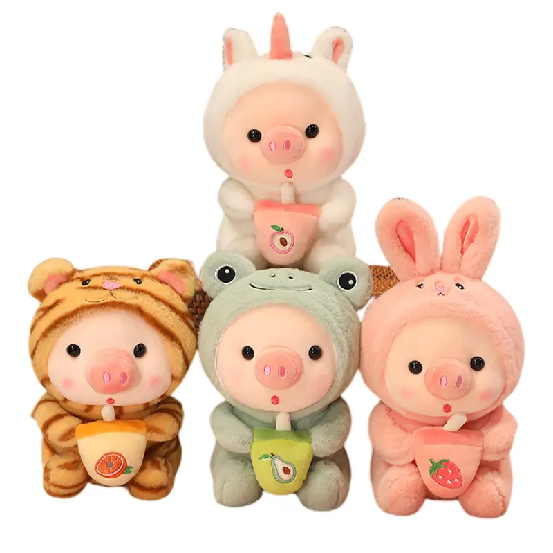 Wholesale Boba Pig Doll Toy Plush Soft toy Pink Pig Bubble Tea Milk Stuffed Animal Plush Toy Pig 25cm