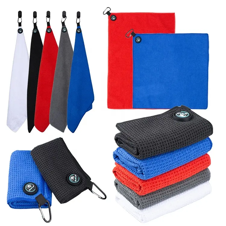 Serviette de golf 40x40 & 40x60 avec logo personnalisé, serviettes de golf magnétiques en microfibre gaufrée tissées par sublimation