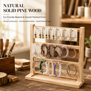 Présentoir à bijoux en bois de pin naturel, support à accessoires pour boucles d'oreilles à 3 niveaux avec crochets en laiton pour présentation en magasin ou sur coiffeuse - Product Image 2