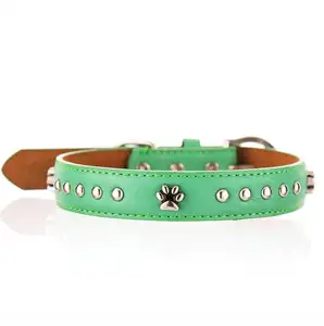 custom green red PU leather pet dog collar Genuine leather with paw prints studded