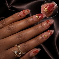 Faux Ongles Personnalisés Cerise Fraise à Presser, Longs Amande 3D, Effet Fruit, Gel Brillant Nude, Or ABS, Vente en Gros OEM