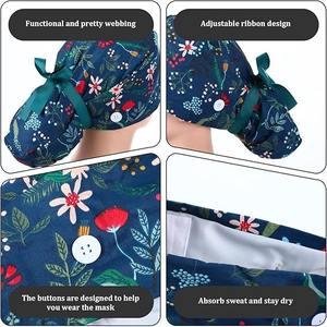 หมวกผ่าตัดผ้าโพกหัวหางม้าผ้าฝ้ายโพลีเอสเตอร์ปรับได้นุ่มมีกระดุมหลากสีสำหรับใส่ในสถานเสริมความงามและสวมใส่ในชีวิตประจำวัน - Product Image 4