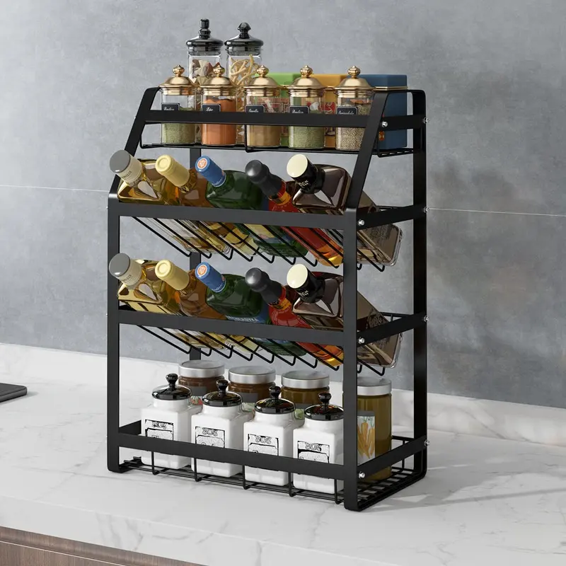 Schwarz Chrom Spice Rack Organizer 4 Tier-Rack Metall Spice Gläser Flasche Stehen Halter Küche Organizer Lagerung Regale Spice Rack