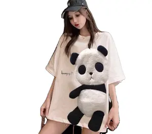 Özel yaz yuvarlak boyun nefes tee Panda yamalar işlemeli kadın kısa kollu T gömlek
