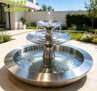 Fontaine d'eau ronde à deux niveaux en acier inoxydable poli, sculpture d'eau en métal à double couche pour jardin de villa - Offre Spéciale