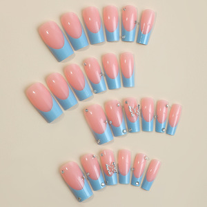 Ms.Miemie 24pcs Reusable ABS Press on <strong>Nails</strong> <strong>Blue</strong> French Dot Diamond Butterfly Long <strong>Coffin</strong> <strong>Design</strong> Fake Fingers Style Wholesale - Product Image 2