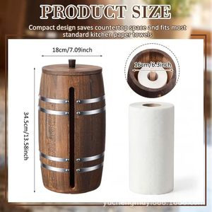 Wooden Retro Round <b>Paper</b> Towel Holder With Metal Bands <b>Kitchen</b> Storage Stand For Napkins Household Use - Product Image 5