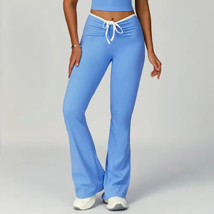 Legging de yoga évasé taille haute à contraste de couleurs personnalisé, extensible dans les 4 sens, avec cordon de serrage plié, effet push-up et évacuation de l'humidité - Product Image 4