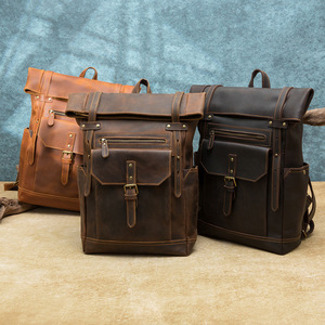 Custom Made Crazy Horse Leather <b>Backpack</b> Men Large Capacity Laptop Bag Casual Travel Shoulder <b>Straps</b> Solid Color 20L and Below - Product Image 1