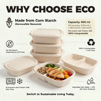 Boîtes alimentaires jetables en amidon de maïs à 2 compartiments de 900 ml, contenants à emporter compostables pour restaurants