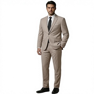 Traje de Negocios para Hombre, Estilo Británico, Cuello Solapa, Corte Entallado, Color Beige, Antiarrugas, de Viscosa/Poliéster, con Botonadura Sencilla - Product Image 1