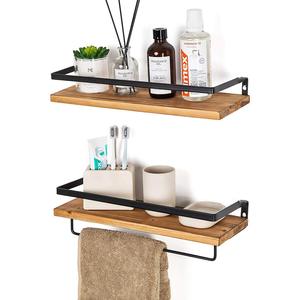 Yuka Wooden Wall <b>Shelf</b> 2 Tier Metal Bracket Storage <b>Rack</b> For Bathroom Kitchen Living Room - Product Image 1