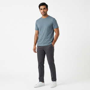 T-shirt pour homme en coton 100% de luxe, bleu cendré uni, col rond, pré-rétréci, manches courtes, respirant, coupe classique - Product Image 1