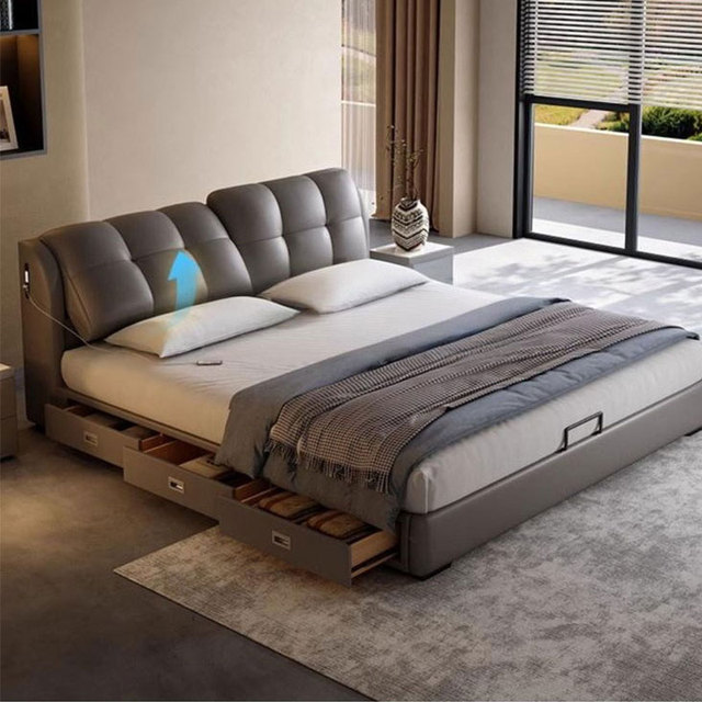 Modern Multifunctional Storage Leather Bed Nordic Light Luxury Master Bedroom Large Bed with Adjustable Soft Cushions Double Bed