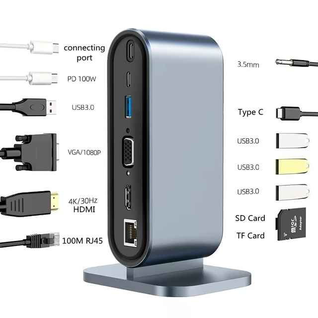 12 in 1 Type C Hub Docking Station 4K30Hz  SD TF USB 3.0 USB-C VGA PD 100W RJ45 3.5mm Audio Computer Hubs