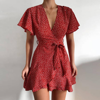 Robe élégante à imprimé floral pour femmes, robe d'été sexy à col en V, mini robe, nouvelle mode, manches courtes, robe moulante pour soirée