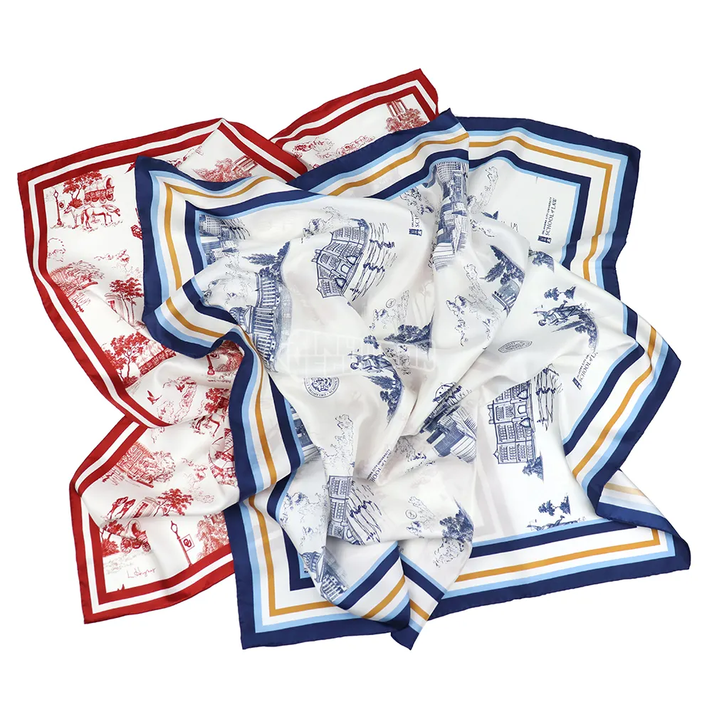 Lenços de seda vintage 90*90 com estampa azul da moda, lenços com logotipo corporativo personalizado, vermelho e branco