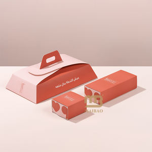 カスタムピンクのテイクアウト用スイーツ・クッキー・デザートボックス、チョコレート・ペストリー・ベーカリーの集まり用紙製パッケージ（持ち手付き） - Product Image 1