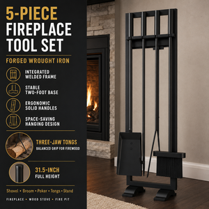 Ensemble de 5 outils de <span class=keywords><strong>cheminée</strong></span> robustes en fer forgé avec support, pioche, pinces, pelle, brosse, accessoires <span class=keywords><strong>pour</strong></span> foyer intérieur et poêle <span class=keywords><strong>à</strong></span> <span class=keywords><strong>bois</strong></span> - Product Image 5