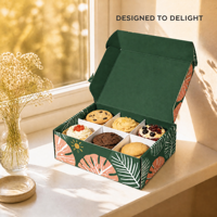 Boîte cadeau en papier pliable personnalisée en gros à 6 compartiments pour desserts, biscuits et cupcakes avec imprimé feuille de Monstera tropicale