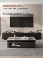 Ensemble de meubles de salon avec structure métallique, plateau en pierre supercristalline, meuble TV sur pied, table basse et rangements intégrés