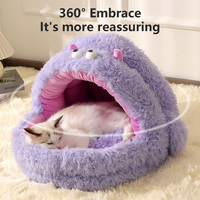 Lit pour chat en peluche longue et moelleuse, motif monstre de dessin animé, nid semi-fermé, chaud et confortable, anti-anxiété, pour l'intérieur, pour l'hiver, pour chat et petit chien