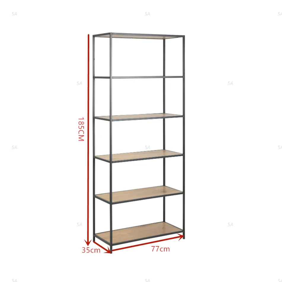 Industrial style wood and metal high display storage bookcase