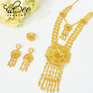 Trendy 24K Gold Plated South Indian Tassel Bridal Wedding Jewlery Set Gold Alloy Women Necklace Earrings For <b>Gifts</b> - Product Image 2