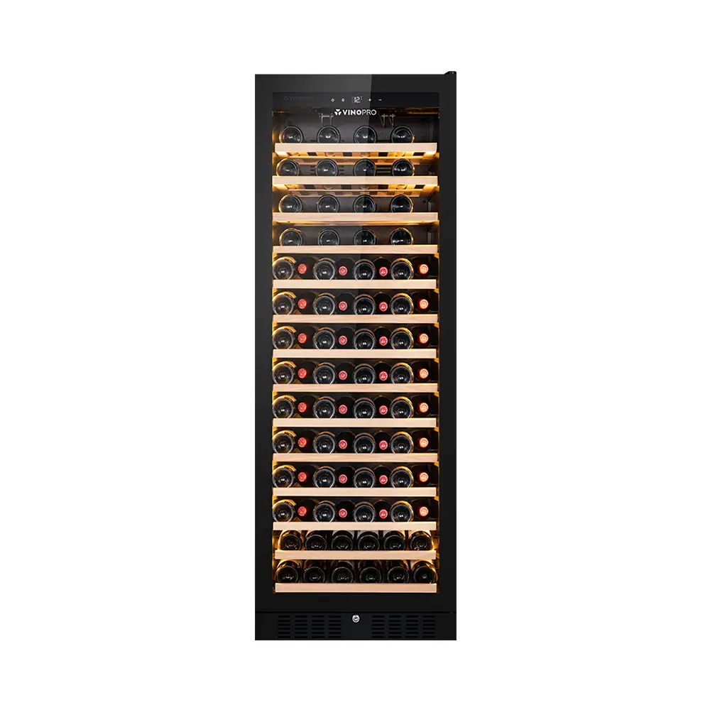 Vinopro akıllı serbest duran şarap soğutucu buzdolabı 330L kapasitesi ile 108 şişe kayın ahşap raf ve cam kapi