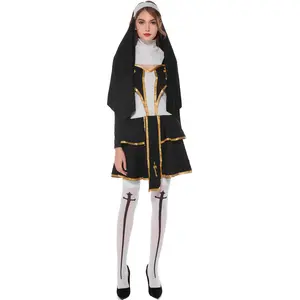 Baige Virgin Mary Nunコスチューム大人の女性コスプレドレスブラックフード付きハロウィンシスターコスプレパーティーコスチュームNun衣装