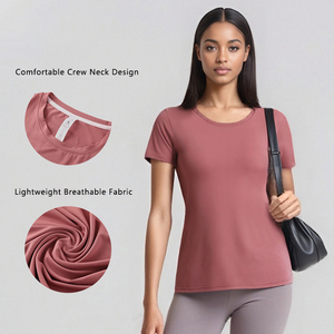 T-shirt de sport respirant à manches courtes pour <span class=keywords><strong>femme</strong></span>, idéal pour le yoga, la course en extérieur et le fitness, séchage rapide, col rond, léger - Product Image 2