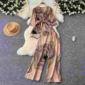 Ensemble décontracté 2 pièces pour femme : Tunique sans manches à col en V et jupe tissée imprimée taille haute, respirant et écologique pour l'été - Product Image 3