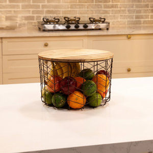 Panier de rangement rond en métal avec couvercle pour cuisine, conteneur alimentaire, design minimaliste, en fil de fer, à un seul niveau - Product Image 1