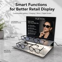 Présentoir à lunettes portable moderne à double niveau avec éclairage LED, panneau arrière personnalisable, pour 4 paires de lunettes, idéal pour les opticiens
