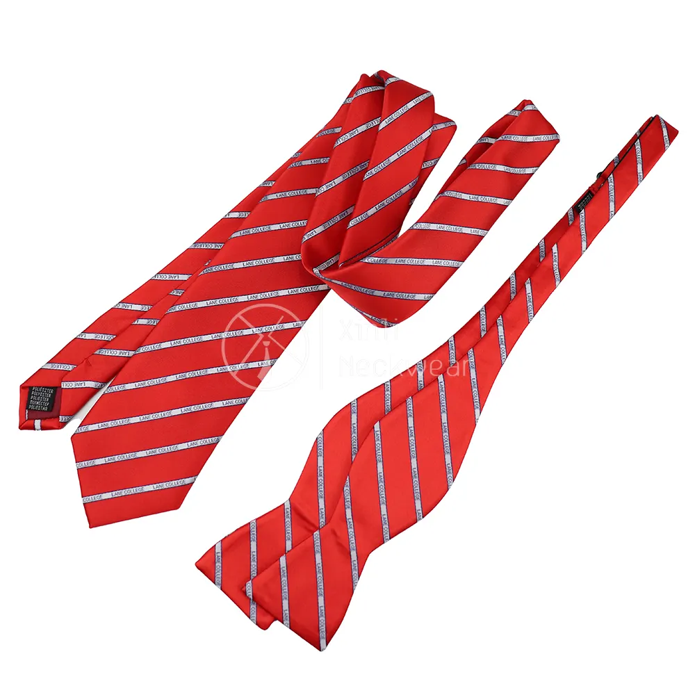 Factory Direct Sale Red Striped Man Ties Bow Tie Set Custom Polyester College Logo Woven Design Tie Sets Wholesale for School